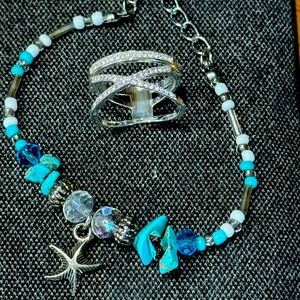 Turquoise ,white , pewter, stainless steel charm, clasp with ring.